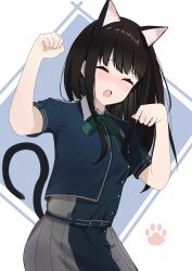 Rule 34 | 1girl, absurdres, akaneiro (akane color35), animal ears, belt, black hair, black tail, blue background, blue belt, blue jacket, blush, cat ears, cat tail, closed eyes, commentary, cowboy shot, embarrassed, facing viewer, green ribbon, hands up, highres, inoue takina, jacket, long hair, lycoris recoil, lycoris uniform, neck ribbon, nose blush, open mouth, paw pose, paw print, ribbon, short sleeves, sidelocks, simple background, solo, standing, tail, two-tone background, white background