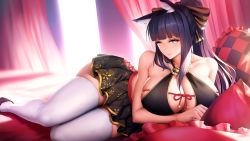 Rule 34 | 1girl, animal ear fluff, animal ears, bare shoulders, black footwear, blush, breasts, cleavage, closed mouth, curtains, curvy, day, grey eyes, hair ribbon, halterneck, highres, huge breasts, jewelry, large breasts, long hair, looking at viewer, lying, necklace, obaoba (monkeyix), on side, original, pearl necklace, pillow, ponytail, purple hair, ribbon, rope, shoes, sidelocks, skindentation, smile, solo, sunlight, thick thighs, thighhighs, thighs, white thighhighs, wide hips