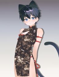 Rule 34 | 1boy, animal ears, black dress, black hair, blue eyes, cat ears, china dress, chinese clothes, closed mouth, cowboy shot, dress, gradient background, highres, looking at viewer, male focus, mobijiang, original, shibari, short hair, sleeveless, sleeveless dress, solo, standing, tagme, tail