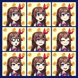 Rule 34 | 0 0, 1girl, absurdres, ankimo (tokino sora), blue eyes, brown hair, closed eyes, commentary, empty eyes, english commentary, expressionless, hair ornament, highres, hololive, jqhnharqld, looking at viewer, multiple views, nervous, open mouth, patterned background, shaded face, smile, star (symbol), star hair ornament, sweat, sweatdrop, tokino sora, tokino sora (1st costume), virtual youtuber