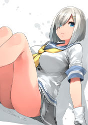 Rule 34 | 1girl, arm support, blue eyes, breasts, dated, dutch angle, gloves, grey skirt, hair ornament, hair over one eye, hairclip, hamakaze (kancolle), happa (cloverppd), highres, kantai collection, large breasts, lips, school uniform, serafuku, shadow, short hair, short sleeves, silver hair, sitting, skirt, solo, white background, white gloves