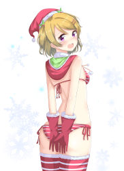 Rule 34 | 10s, 1girl, ass, bikini, breasts, brown hair, christmas, covering ass, covering privates, hat, highres, koizumi hanayo, looking at viewer, looking back, love live!, love live! school idol project, open mouth, purple eyes, santa hat, scarf, short hair, side-tie bikini bottom, sideboob, skindentation, solo, striped bikini, striped clothes, swimsuit, thighhighs, tonitorus