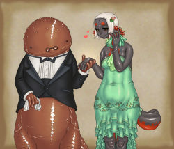Rule 34 | 1girl, axolotl, bare arms, bare shoulders, blouse, bottomless, bow, bowtie, brown background, collared shirt, colored skin, couple, covered navel, cowboy shot, dress, eye contact, facing viewer, formal, furry, gills, glasses, green dress, grey skin, happy, heart, hellbender, hetero, holding hands, interspecies, jon henry nam, layered dress, looking at another, monster girl, multicolored skin, namu gunsou, no bra, original, personification, pince-nez, salamander, shiny skin, shirt, simple background, smile, standing, tagme, tail, traditional bowtie, tuxedo, two-tone skin, white hair, white shirt, wide hips