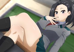 Rule 34 | 1girl, absurdres, arm support, black eyes, black hair, blazer, boku no hero academia, breasts, chalkboard, classroom, collared shirt, crossed legs, desk, from below, hair pulled back, hand on own face, highres, indoors, jacket, kneehighs, large breasts, looking at viewer, medium hair, necktie, pleated skirt, ponytail, red necktie, school uniform, shirt, skirt, socks, solo, sunlight, thick thighs, thighs, toukaaa, u.a. school uniform, white shirt, yaoyorozu momo