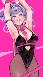 Rule 34 | 1girl, animal ears, arm strap, arms up, bare shoulders, black leotard, blue hair, bound, bound arms, bow, bowtie, breasts, clothing cutout, cowboy shot, grin, hairband, hatsune miku, heart, heart-shaped pupils, heart cutout, highres, hip focus, leotard, long hair, looking at viewer, looking down, medium breasts, osusowake, pantyhose, pink bow, pink bowtie, pole, purple eyes, rabbit ears, rabbit hole (vocaloid), smile, solo, spaghetti strap, stripper pole, symbol-shaped pupils, thighs, twintails, vocaloid, white hairband