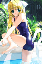 Rule 34 | 1girl, :o, animal ears, aqua eyes, arm support, ass, barefoot, blonde hair, blue eyes, cat ears, cat tail, csy, feet, forest, leg lift, long hair, looking back, nature, one-piece swimsuit, pool, poolside, school swimsuit, shiny clothes, solo, swimsuit, tail, wading, water, wet