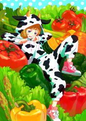 Rule 34 | 1girl, akiyama enma, animal costume, animal ears, animal print, annoyed, asparagus, bell pepper, blonde hair, blue eyes, broccoli, commentary request, cosplay, cow costume, cow horns, cow print, fake animal ears, fake horns, green pepper, hands up, hood, hood up, horns, kigurumi, knee up, leaning on object, original, oversized food, oversized object, partial commentary, pepper, polka dot, polka dot background, red pepper, shoes, sneakers, solo, tomato, yellow pepper