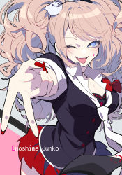Rule 34 | 1girl, absurdres, bear hair ornament, black background, black necktie, black shirt, blonde hair, blue eyes, bow, breasts, buttons, character name, cleavage, commentary request, cowboy shot, danganronpa: trigger happy havoc, danganronpa (series), enoshima junko, grey background, gyaru v, hair ornament, highres, large breasts, long hair, looking at viewer, nail polish, necktie, nekoma hikaru, one eye closed, open mouth, pleated skirt, red bow, red nails, red skirt, shirt, skirt, smile, solo, teeth, tongue, tongue out, twintails, two-tone necktie, typo, upper teeth only, v, wavy hair, white necktie
