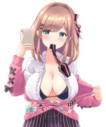 Rule 34 | 1girl, black bra, black necktie, black skirt, blue bow, blue eyes, blush, bow, bra, breasts, brown hair, cardigan, cellphone, center frills, cleavage, collarbone, collared shirt, frilled shirt, frills, hair bow, heckler kai, highres, holding, holding phone, large breasts, long hair, long sleeves, looking at viewer, mouth hold, necktie, necktie in mouth, nijisanji, open cardigan, open clothes, phone, pink bow, pink cardigan, shirt, simple background, skirt, smartphone, solo, striped clothes, striped skirt, suzuhara lulu, swept bangs, taking picture, teeth, underwear, upper teeth only, vertical-striped clothes, vertical-striped skirt, virtual youtuber, white background