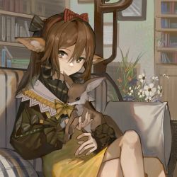Rule 34 | 1girl, animal, animal ear fluff, animal ears, arknights, bookshelf, bow, brown eyes, chinese commentary, clay (clayjun), closed mouth, commentary request, couch, crossed legs, dress, feet out of frame, flower, fox, fox ears, hair between eyes, hair bow, hairband, highres, holding, holding animal, indoors, long hair, long sleeves, looking at viewer, official alternate costume, on couch, perfumer (arknights), perfumer (leisurely afternoon) (arknights), pillow, plant, potted plant, red bow, red hairband, sitting, smile, solo, striped, striped bow, white flower, yellow bow, yellow dress