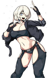 Rule 34 | 1girl, absurdres, angel (kof), blue eyes, breasts, chaps, cleavage, emphasis lines, fingerless gloves, gloves, hair over one eye, highres, jacket, large breasts, masgamjya, one eye covered, short hair, solo, standing, stomach, the king of fighters, white background, white hair