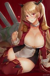 Rule 34 | 1girl, absurdres, akitaka akita, artist name, azur lane, black bow, blonde hair, blush, bow, breasts, cleavage, coat, collarbone, epaulettes, hair between eyes, hair bow, hand up, heart, highres, jacket, large breasts, leotard, long hair, nelson (azur lane), open clothes, open coat, open jacket, open mouth, red eyes, red thighhighs, rigging, sidelocks, signature, sitting, solo, thighhighs, thighs, turret, two side up, very long hair, yokozuwari