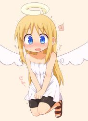 Rule 34 | 1other, absurdres, angel, angel wings, between legs, bike shorts, black shorts, blonde hair, blue eyes, blush, broken halo, crimvael, dress, halo, hand between legs, have to pee, highres, ishuzoku reviewers, japanese text, long hair, open mouth, sandals, shorts, sweat, toga, white dress, wings, yunomimochi
