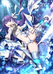 Rule 34 | 1girl, blue eyes, bubble, fate/extra, fate/extra ccc, fate/grand order, fate (series), gabiran, gluteal fold, hair ribbon, kicking, long hair, meltryllis (fate), meltryllis (third ascension) (fate), navel, purple hair, ribbon, sleeves past fingers, sleeves past wrists, smile, very long hair