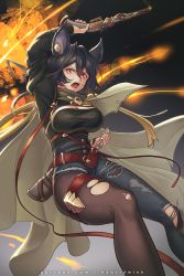 Rule 34 | 1girl, animal ears, arm up, belt, black sleeves, breasts, bullet, cleavage, commentary, denim, english commentary, explosion, granblue fantasy, hair between eyes, holding, hybridmink, ilsa (granblue fantasy), jeans, long sleeves, open mouth, pants, patreon username, red eyes, shrug (clothing), solo, teeth, thigh strap, torn clothes, torn jeans, torn legwear, torn pants, upper teeth only, v-shaped eyebrows