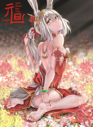 Rule 34 | 1girl, absurdres, animal ears, arknights, armlet, ass, back, bare shoulders, barefoot, blush, bracelet, breasts, china dress, chinese clothes, dress, earrings, flower, frostnova (arknights), hair ornament, highres, jewelry, long hair, nail polish, ponytail, rabbit ears, rabbit tail, red nails, ring, scaleph, silver hair, sitting, smile, solo, tail, tears, wariza, yellow eyes