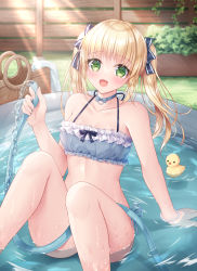 Rule 34 | 1girl, :d, arm support, bag, bare arms, bare shoulders, between legs, bikini, blonde hair, blue bikini, blue bow, blue choker, blush, bow, breasts, choker, cleavage, collarbone, commentary request, day, feet out of frame, fence, frilled bikini, frills, green eyes, hair bow, highres, holding, hose, knees up, kohinata hoshimi, long hair, looking at viewer, open mouth, original, outdoors, rubber duck, shallow water, side-tie bikini bottom, small breasts, smile, solo, sunlight, swimsuit, towel, twintails, wading pool, water