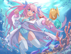 Rule 34 | 1girl, ahoge, air bubble, blue eyes, blue one-piece swimsuit, bow, breasts, bubble, cleavage, cleavage cutout, clothing cutout, coat, commission, covered navel, diving, explosive, flippers, floating, freediving, hair bow, hair ornament, highleg, highleg leotard, highleg swimsuit, highres, large breasts, leotard, long hair, minecraft, minecraft pickaxe, minecraft sword, nikulas cage, one-piece swimsuit, original, pink hair, pixiv commission, reaching, smile, solo, submerged, swimming, swimsuit, thighhighs, tnt, tnt block (minecraft), tropical fish, twintails, underwater, very long hair, white coat, white thighhighs