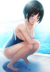 Rule 34 | 1girl, backlighting, barefoot, black hair, blue one-piece swimsuit, breasts, clothes pull, collar, full body, highres, looking at viewer, medium breasts, nipples, one-piece swimsuit, one-piece swimsuit pull, onigirikun, open mouth, original, pool, purple eyes, school swimsuit, short hair, solo, sparkle, squatting, swimsuit