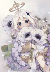 Rule 34 | 1girl, anemone (flower), artist name, black eyes, blush, bright pupils, bud, closed mouth, commentary request, eyelashes, feet out of frame, flower, genshin impact, gold trim, grey background, hair between eyes, hair ornament, halo, hand up, highres, holding, holding flower, hydrangea, leaf, lens flare, long sleeves, looking at viewer, medium hair, mixed-language commentary, paimon (genshin impact), purple flower, quiss, sidelocks, simple background, single thighhigh, smile, solo, split mouth, star (symbol), star hair ornament, thighhighs, watermark, white flower, white hair, white pupils, white thighhighs, wide sleeves