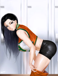 Rule 34 | 1girl, alternate hairstyle, bare arms, bare shoulders, bent over, black eyes, black hair, black shorts, blurry, blurry background, boku no hero academia, breasts, clothes pull, commentary request, easonx, from side, hair down, highres, locker, locker room, long hair, orange shirt, orange skirt, parted lips, shirt, shorts, skirt, skirt pull, teeth, u.a. cheerleader uniform, undressing, wet, wet hair, white shirt, yaoyorozu momo