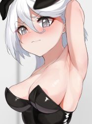 Rule 34 | 1girl, animal ears, arm up, armpits, black leotard, blush, breasts, closed mouth, commentary request, embarrassed, fake animal ears, gatchan, grey eyes, gundam, gundam suisei no majo, leotard, looking at viewer, medium breasts, miorine rembran, playboy bunny, portrait, rabbit ears, short hair, solo, strapless, strapless leotard, upper body, white hair
