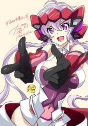 Rule 34 | 1girl, ahoge, bare shoulders, breasts, cleavage, dated, finger gun, gloves, hair between eyes, hair ornament, highres, kanna (plum), large breasts, long hair, open mouth, pointing, purple eyes, purple hair, senki zesshou symphogear, simple background, smile, solo, twintails, very long hair, yellow background, yukine chris