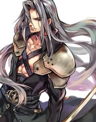 Rule 34 | abs, armor, bare pectorals, belt, black belt, black coat, chest strap, coat, collarbone, embers, final fantasy, final fantasy vii, green eyes, grey hair, hair over one eye, high collar, holding, holding sword, holding weapon, katana, long bangs, long hair, looking up, male focus, multiple belts, muscular, muscular male, open clothes, open coat, parted bangs, pauldrons, pectorals, sephiroth, shoulder armor, smirk, solo, sword, tama (tmfy5), upper body, very long hair, weapon, white background