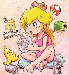 Rule 34 | 2girls, aged down, alcohol, anger vein, angry, animal crossing, banana peel, bare shoulders, barefoot, beer, beer can, blonde hair, blush, can, crown, cushion, drink can, earrings, feet, flying sweatdrops, full body, game console, indian style, isabelle (animal crossing), jewelry, kiichi, long hair, mario (series), mario kart, multiple girls, nintendo, open mouth, princess peach, sitting, soles, sphere earrings, super mario bros. 1, super mushroom, sweatdrop, toes, translation request, turtle shell, wii, wii wheel