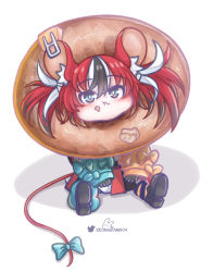 Rule 34 | 1girl, :t, animal ears, bagel, black collar, black hair, blush stickers, bow, chibi, collar, hakos baelz, hololive, hololive english, monja (monja0521), mouse ears, mouse girl, mouse tail, multicolored hair, oversized food, oversized object, puffy cheeks, red hair, signature, sitting, streaked hair, tail, tail bow, tail ornament, twintails, virtual youtuber, white hair