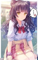 Rule 34 | ..., 1girl, anger vein, blurry, blurry background, border, bow, bracelet, breast pocket, brown hair, buttons, closed mouth, clothes around waist, collared shirt, commentary, feet out of frame, hair ornament, highres, idolmaster, idolmaster shiny colors, jewelry, long hair, looking at viewer, mayuzumi fuyuko, miyanome, outside border, pleated skirt, pocket, red bow, red skirt, scrunchie, shirt, skirt, sleeves past elbows, solo, speech bubble, spoken anger vein, spoken ellipsis, twitter username, v-shaped eyebrows, white border, white shirt, yellow eyes