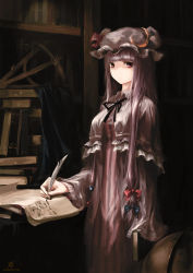 Rule 34 | 1girl, blunt bangs, book, bookshelf, bow, crescent, expressionless, feathers, female focus, globe, hair bow, hat, highres, jq, long hair, patchouli knowledge, purple eyes, purple hair, quill, solo, touhou, very long hair, writing