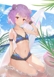 Rule 34 | 1girl, arm garter, bare arms, bare legs, bare shoulders, bikini, blue bikini, blue sky, blush, closed mouth, cloud, commentary request, day, double bun, flat chest, frilled bikini, frills, fuenyuan, full body, hair bun, hair ornament, highres, hololive, innertube, looking at viewer, nail polish, on ground, outdoors, purple hair, purple nails, red eyes, scrunchie, shallow water, short hair, skull hair ornament, sky, smile, solo, surfboard, swim ring, swimsuit, thighs, uruha rushia, virtual youtuber, water, wrist scrunchie