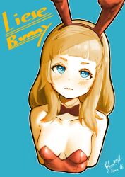 Rule 34 | 1girl, animal ears, artist name, bare shoulders, blonde hair, blue background, blue eyes, blunt bangs, blush, bow, bowtie, breasts, cleavage, dated, detached collar, fake animal ears, grand summoners, highres, leotard, liese (grand summoners), long hair, looking at viewer, medium breasts, playboy bunny, puppuppa, rabbit ears, signature, small breasts, strapless, strapless leotard, thick eyebrows