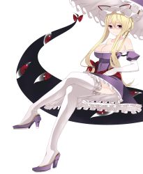 Rule 34 | 1girl, absurdres, bare shoulders, blonde hair, bow, breasts, cleavage, crossed legs, dress, elbow gloves, female focus, gap (touhou), gloves, hat, high heels, highres, lace, lace-trimmed legwear, lace trim, large breasts, legs, light smile, long hair, long legs, off shoulder, parasol, purple eyes, shinoi, shoes, sidelocks, sitting, solo, thighhighs, thighs, touhou, umbrella, white gloves, white thighhighs, yakumo yukari