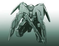 Rule 34 | gradient background, greyscale, gun, gundam, gundam 00, gundam dynames, highres, holding, holding gun, holding weapon, ishiyumi, mecha, mobile suit, monochrome, no humans, on one knee, robot, science fiction, solo, v-fin, weapon