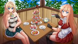 Rule 34 | 2girls, aizawa azusa, animal, anna wimbeldon, apron, bare arms, bare shoulders, black legwear, blonde hair, blue eyes, blue skirt, blush, braid, breasts, brown hair, bug, butterfly, cleavage, closed mouth, collarbone, commentary, crossover, cup, cupcake, day, dress, english commentary, feet out of frame, food, fork, frilled apron, frilled skirt, frills, hair intakes, highres, holding, holding cup, bug, kazenokaze, knife, long hair, multiple girls, pleated dress, puffy short sleeves, puffy sleeves, red dress, release that witch, saucer, short sleeves, skirt, slime taoshite 300 nen shiranai uchi ni level max ni nattemashita, small breasts, smile, strapless, teacup, teapot, thighhighs, tiered tray, very long hair, waist apron, white apron