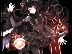 Rule 34 | 10s, 1girl, abyssal ship, bad id, bad pixiv id, black hair, glowing, glowing eyes, gothic lolita, isolated island oni, itoda (spica), kantai collection, lolita fashion, long hair, looking at viewer, pale skin, red eyes, resolution mismatch, smile, solo