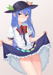 Rule 34 | 1girl, black hat, blue eyes, blue skirt, bow, bowtie, center frills, closed mouth, clothes lift, colored pubic hair, commentary request, cowboy shot, female pubic hair, fingernails, food, frilled shirt, frilled skirt, frills, fruit, grey background, hat, highres, hinanawi tenshi, leaf, lifted by self, long hair, looking at viewer, momoiro lettuce, no panties, peach, pubic hair, pussy, red bow, red bowtie, red eyes, shirt, short sleeves, simple background, skirt, skirt lift, solo, straight hair, thighs, touhou, uncensored, v-shaped eyebrows, white shirt