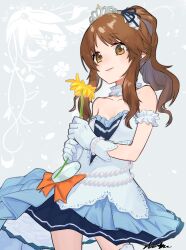 Rule 34 | 1girl, blue dress, breasts, brown eyes, brown hair, cleavage, dress, flower, gloves, highres, holding, holding flower, idolmaster, idolmaster cinderella girls, long hair, looking at viewer, parted lips, ponytail, sho bu 1116, signature, simple background, small breasts, solo, strapless, strapless dress, takamori aiko, tiara, white dress, white gloves, yellow flower
