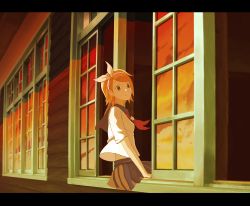 Rule 34 | 1girl, bad id, bad pixiv id, blonde hair, brown eyes, building, hair ornament, hairband, hairclip, highres, kagamine rin, letterboxed, looking at viewer, pleated skirt, reflection, rinta (reyte), school uniform, serafuku, short hair, sitting, skirt, smile, solo, twilight, vocaloid, wind, window