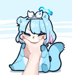 Rule 34 | 1girl, 1other, animal costume, animal ears, arona (blue archive), blue archive, blue eyes, blue hair, blue halo, blush, colored inner hair, halo, looking at viewer, meme, multicolored hair, nejime, one eye closed, open mouth, piki (itpiki), pink hair, pov cheek grabbing (meme), short hair, solo focus, squirrel costume, squirrel ears, squirrel tail, tail