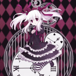 Rule 34 | argyle, argyle background, argyle clothes, bad id, bad pixiv id, clock, dress, hair ribbon, jumping, koto (colorcube), lolita fashion, long hair, original, own hands clasped, own hands together, pink hair, red eyes, ribbon, solo, striped clothes, striped thighhighs, thighhighs, twintails, white hair