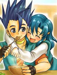 Rule 34 | 1boy, 1girl, blue hair, blush, bowl, brother and sister, demerin, dragon quest, dragon quest vi, eating, fingerless gloves, food, gloves, hero (dq6), hetero, holding, holding spoon, hug, siblings, soup, spoon, tania (dq6)