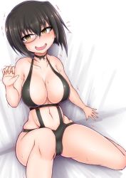Rule 34 | 10s, 1girl, @ @, black hair, black one-piece swimsuit, breasts, brown eyes, choker, embarrassed, flying sweatdrops, girls und panzer, highres, kawashima momo, large breasts, looking at viewer, monocle, navel, one-piece swimsuit, ponponmaru, short hair, solo, swimsuit, tearing up, trembling, wet