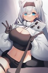 Rule 34 | 1girl, absurdres, animal ears, arknights, aurora (arknights), aurora (elite ii) (arknights), bag, bear ears, black gloves, black hairband, black shorts, blue eyes, blush, breasts, cleavage, commentary, cowboy shot, crop top, gloves, grey hair, hair ornament, hairband, hairclip, highres, large breasts, long hair, long sleeves, looking at viewer, moti yousei, navel, parted lips, puffy long sleeves, puffy sleeves, short shorts, shorts, shoulder bag, shrug (clothing), solo, stomach, symbol-only commentary, v, very long hair