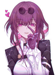 Rule 34 | 1girl, black jacket, breasts, chest harness, collared shirt, commentary request, earrings, eun (eunice), eyewear on head, finger to face, gloves, hair between eyes, hand up, harness, heart, highres, honkai: star rail, honkai (series), jacket, jewelry, jitome, kafka (honkai: star rail), large breasts, long sleeves, looking at viewer, parted lips, puffy long sleeves, puffy sleeves, purple eyes, purple gloves, purple hair, round eyewear, shirt, sidelocks, simple background, smile, spider web print, sunglasses, upper body, white background, white shirt