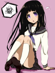 Rule 34 | 10s, 1girl, arm support, black hair, blush, chitanda eru, highres, hyouka, nurie, open mouth, purple eyes, school uniform, simple background, sitting, solo, squiggle, thighs