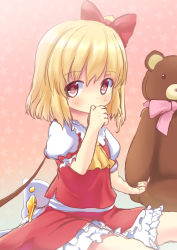 Rule 34 | 1girl, ascot, bad id, bad pixiv id, blonde hair, bloomers, bow, child, flandre scarlet, hair bow, hakuto (28syuku), looking at viewer, pink eyes, puffy sleeves, shirt, short sleeves, sitting, skirt, skirt set, solo, stuffed animal, stuffed toy, teddy bear, thumb sucking, touhou, underwear, vest, wings, aged down
