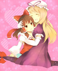 Rule 34 | 2girls, :d, arm grab, ascot, bad id, bad pixiv id, blonde hair, bow, brown eyes, brown hair, closed eyes, collared shirt, detached sleeves, dress, elbow gloves, female focus, floral background, frilled bow, frilled gloves, frilled hair tubes, frilled hat, frilled sleeves, frills, from side, gap (touhou), gloves, hair bow, hair ribbon, hair tubes, hakurei reimu, hand on another&#039;s head, hat, heart, holding, hug, japanese clothes, konoka, large bow, long hair, looking at another, medium hair, miko, mob cap, multiple girls, neckwear request, nontraditional miko, open mouth, pink background, puffy short sleeves, puffy sleeves, purple dress, red bow, red ribbon, red shirt, ribbon, shirt, short sleeves, sleeveless, sleeveless shirt, smile, touhou, upper body, white gloves, white headwear, yakumo yukari, yellow ascot, yuri